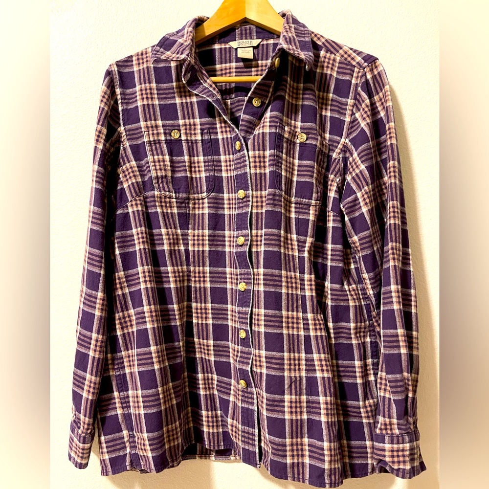 Duluth Trading Company Free Swinging  Flannel Shirt Womens Large Purple Plaid